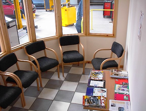 Our MOT waiting room is a comfortable area with a clear view of the workshop where you can watch your MOT being carried out and enjoy a cup of Tea or Coffee